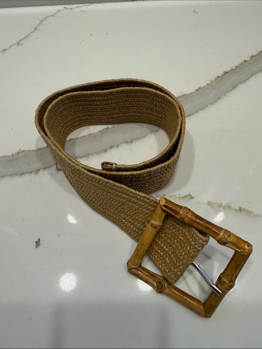Tan Woven Fiber Belt with Bamboo Buckle